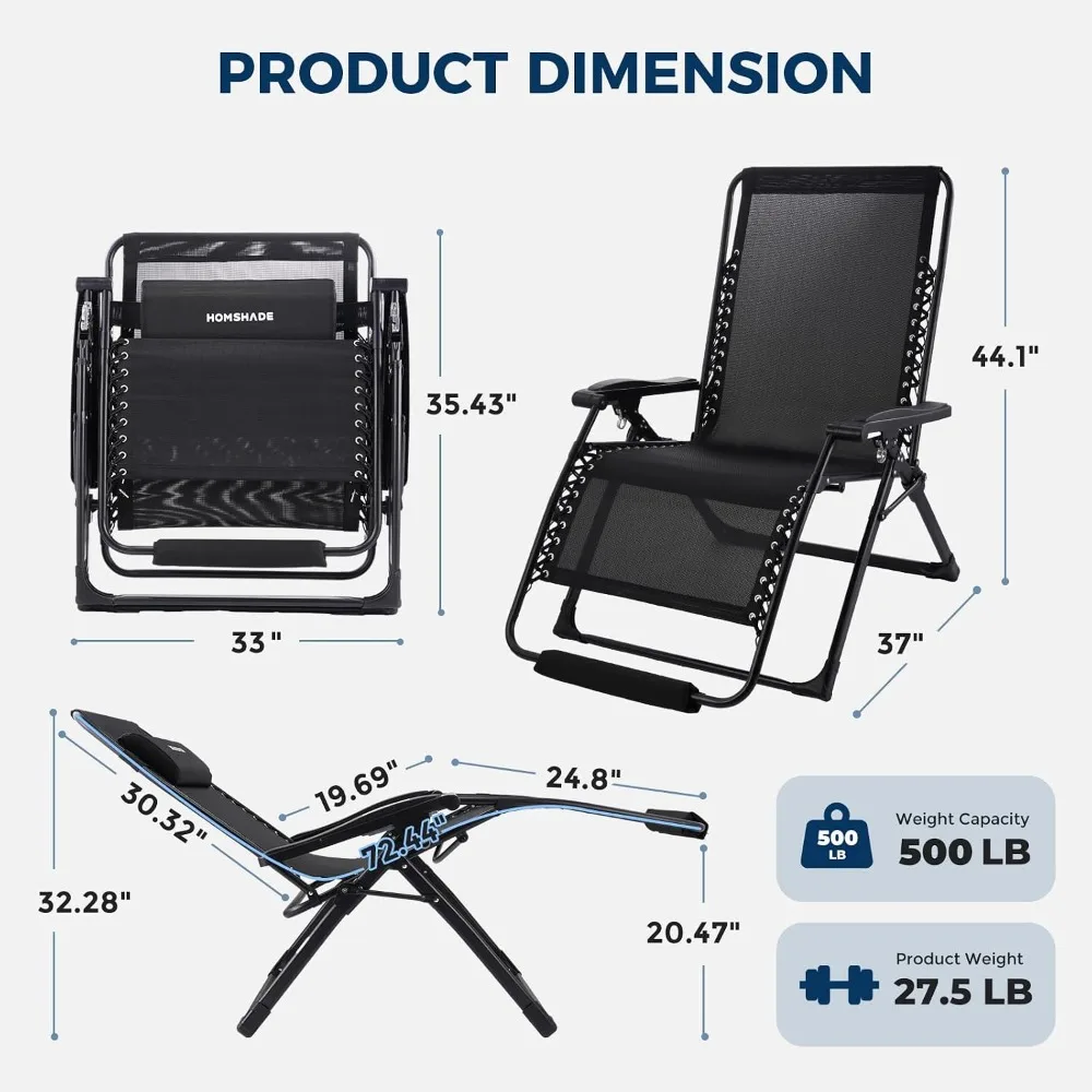 33 Inch XXL Oversized Zero Gravity Chair, Supports 500 LBS, Black