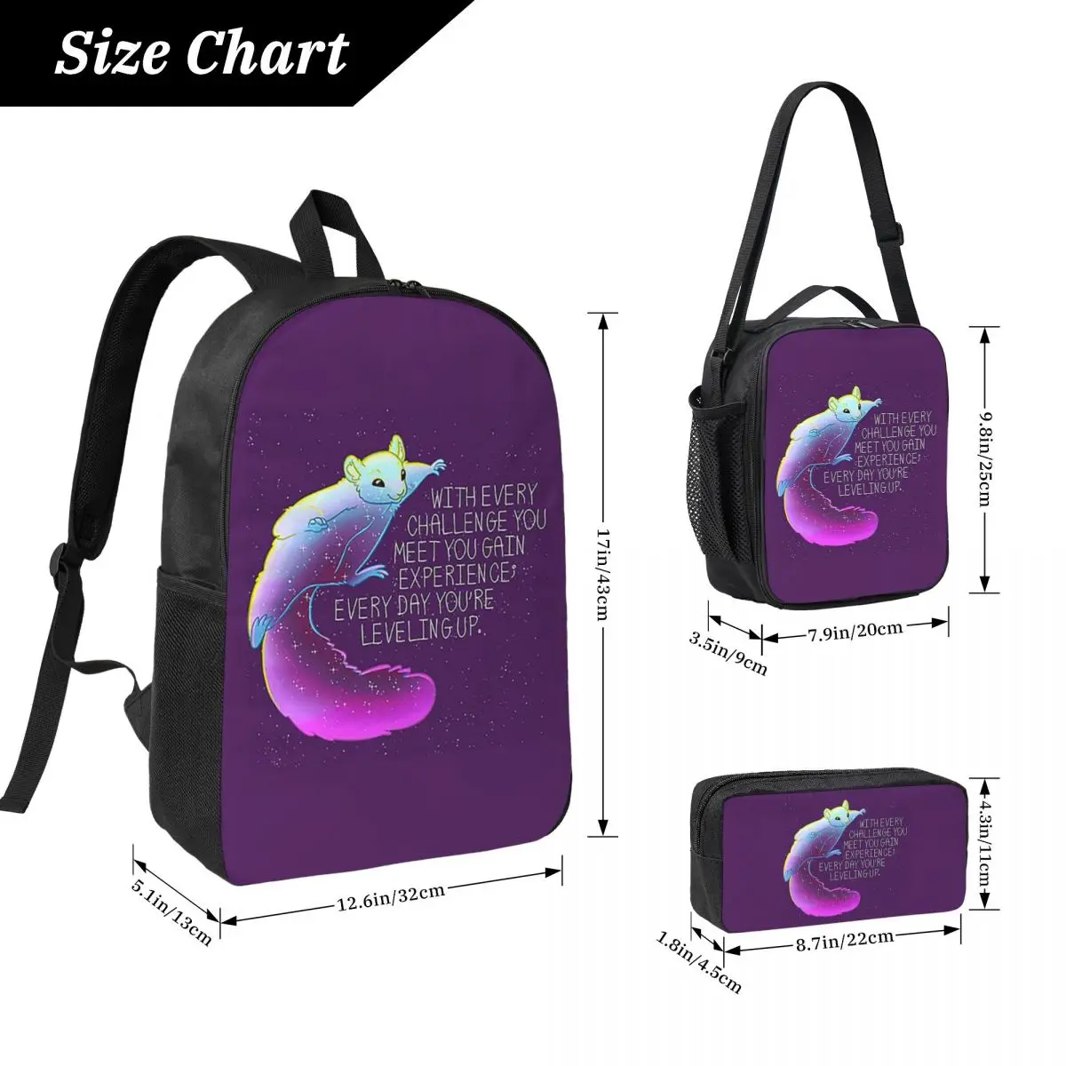 Every Day You're Leveling Up Flying Space Squirrel Backpack BookBag School Bag Shoulder Bags 3ps Insulated Lunch Bag Pencil Case