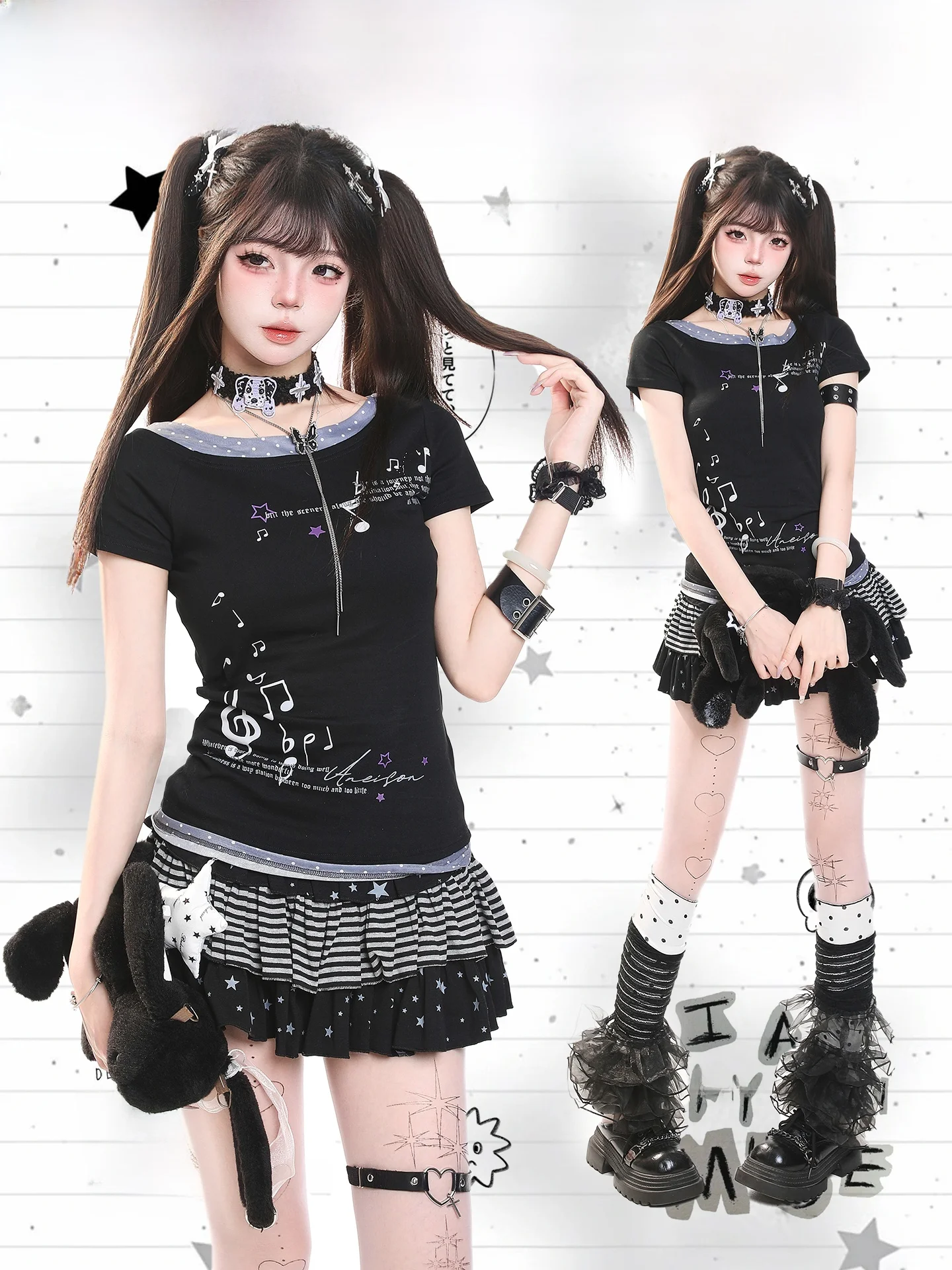 Y2K Subculture Note Print Oblique Shoulder Short Sleeve Women's T-shirt Summer Color Block Polka Dot Waist Cinching Spicy Top