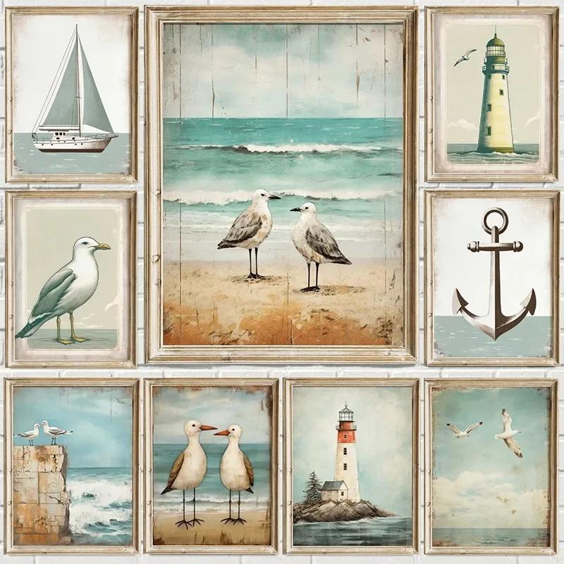 (2D Canvas painting) Vintage Seagull Lighthouse Sailboat Nautical Poster Ocean Theme Coastal Scenery Canvas Painting Wall Art
