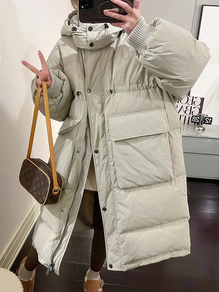 

Winter -15°Warm Hooded Long Down Jacket Women White Duck Down Parker Knee Length Jackets Female Thick Zipper Big Pocket Outwears