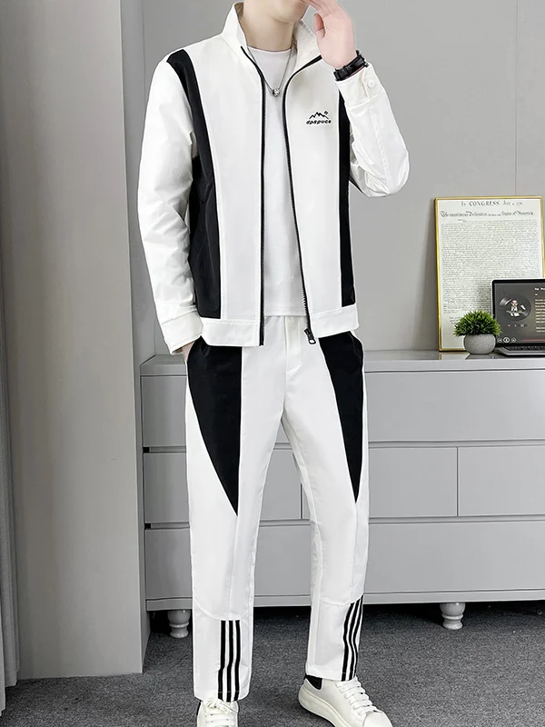 

Новый мужской спортивный костюм-двойка с воротником и вставками в стиле пэчворк, весна-осень, корейский тренд, легкий, повседневный, 2025 год
