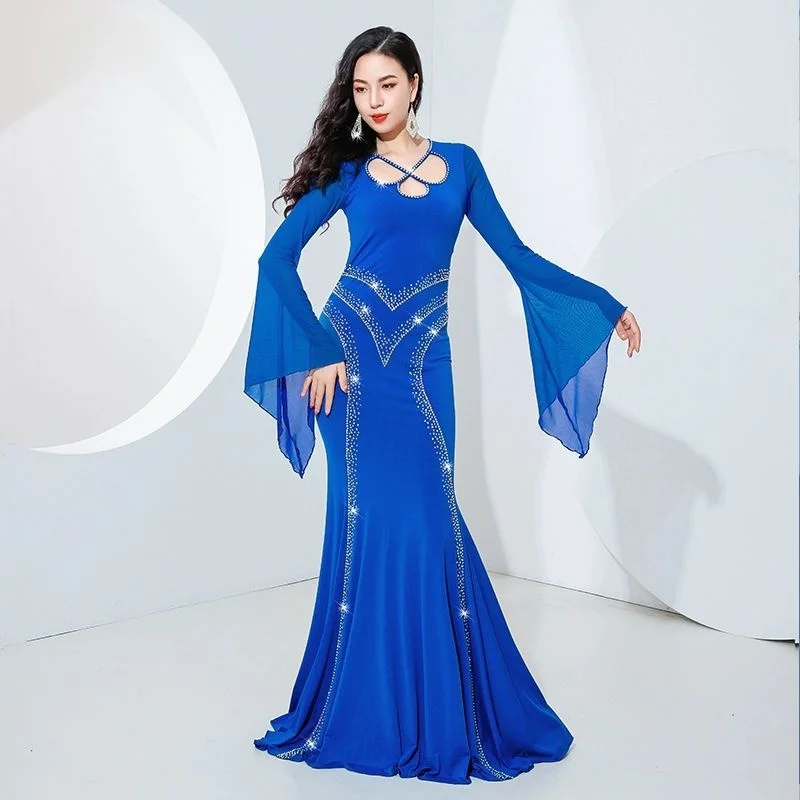 Women's Long Maxi Fishtail Skirt Belly Dance Dress Iraq Khaleeji Thobe Kawleeya Beledi Sequins Costume Saidi Perfformance Suit