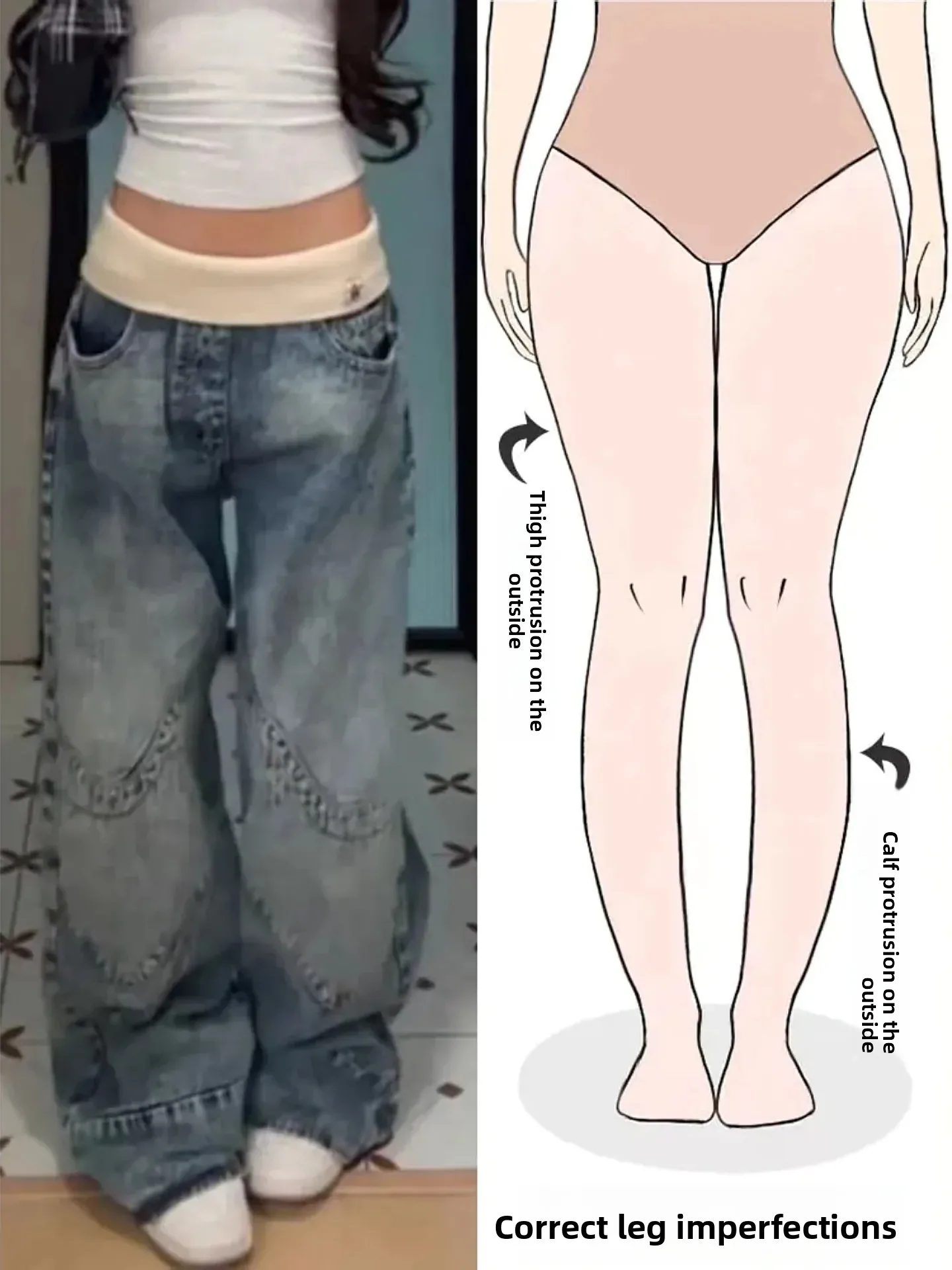

High Waist Patchwork Denim Pants Women's Spring New Street Fashion Design Sensation Wide Leg Pants Pear Shape Body Retro Style