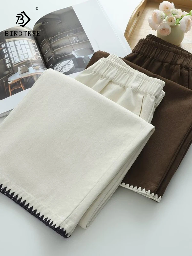 

New 2025 Winter Cotton Straight Pants, Women Elastic Waist Embroidery Patchwork, Mori Girl French OL Casual Trousers B5N991CC