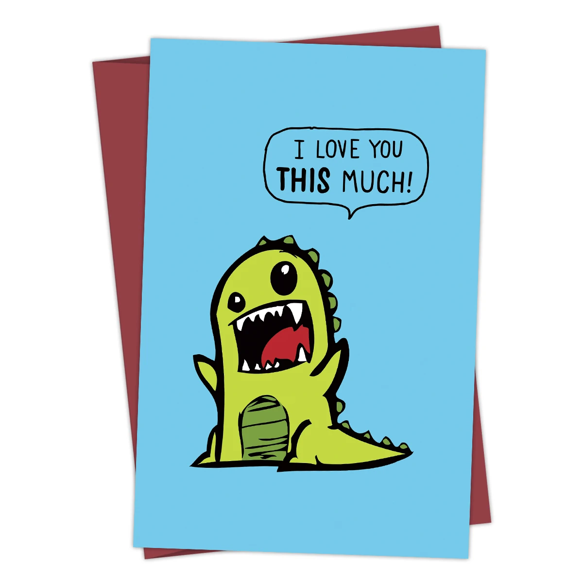 1 x niedliche Dinosaurier-Geburtstags-Grußkarte, „I Love You This Much“, lustige Jubiläumskarte mit Umschlag, Dankeskarte für Sie