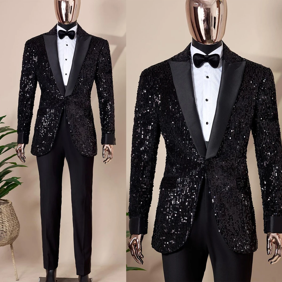 

Black Sparkly Men's Wedding Suits Peaked Lapel Sequins Tuxedos 2 Pieces Groom Wear Evening Party Coat With Pants Custom Made