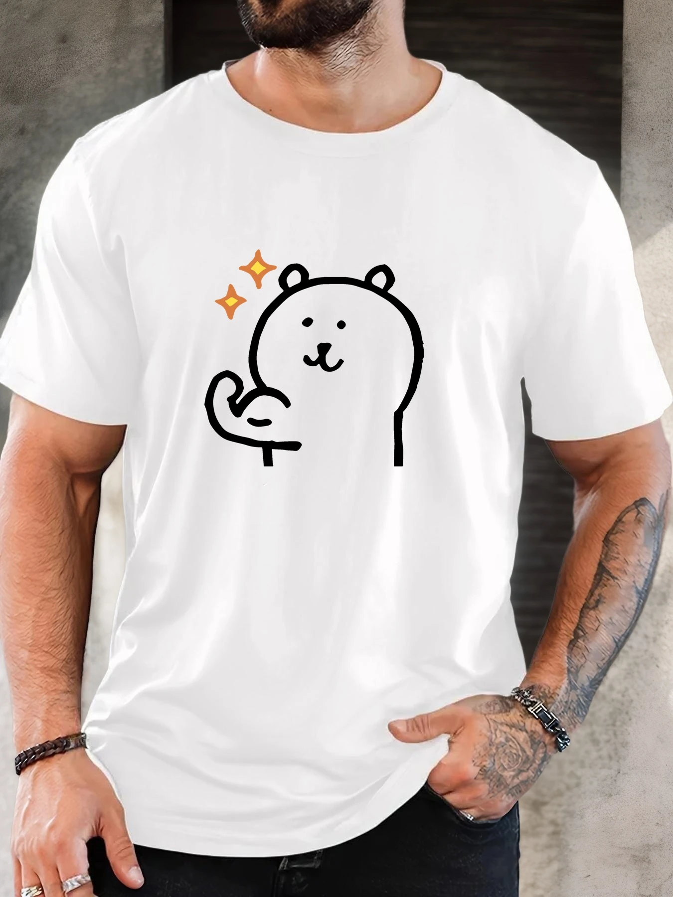 Male Dark Green Round Neck T Shirt Simple Line Art Smiling Bear Thumbs Up Small Sparkle Print Lovely Daily Wear Cotton Tee