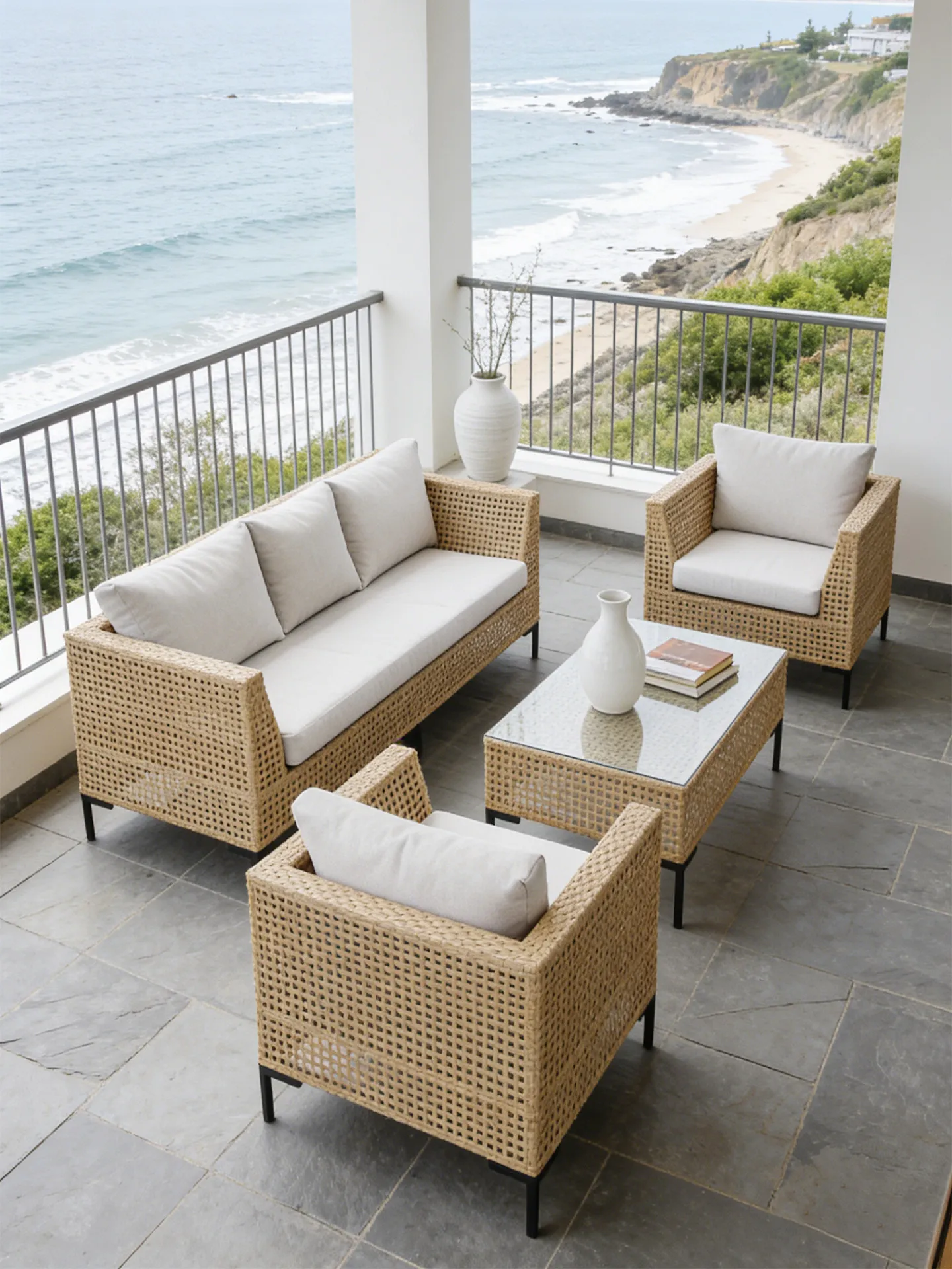 Rattan Lounge Set - # ชุดโซฟาหวายดีไซน์นอร์ดิกสำหรับกลางแจ้ง ทนทานต่อรังสียูวี กันน้ำ เหมาะสำหรับระเบียง ห้องรับแขก