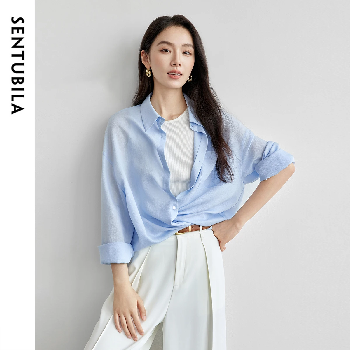 SENTUBILA Casual Women's Shirt Solid Loose Fit Fashion Turn Down Collar Single Breasted Folds Blouses 2025 Spring New 151C57686