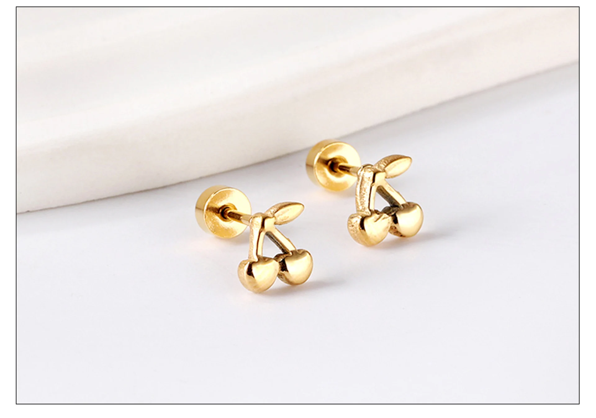 Nette Kirsche Casual Frauen Ohrringe Vergoldet Edelstahl Schraube Zurück Aretes De Mujer Ohr Stud Party Schmuck Geschenke Wasserdicht – Detail 3