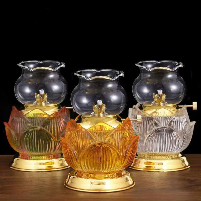 Buddhist Oil Lamp With Windproof Cover Glass Lotus Burner Buddhism Religious Items Festival Decoration 3 Sizes 3 Colors