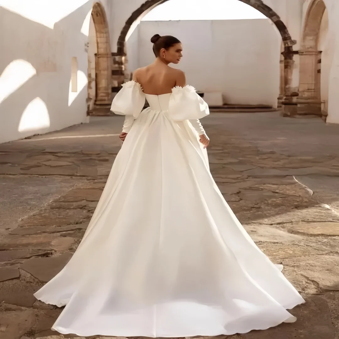 Suknia Ślubna Satynowa Grace na Zamówienie, Seksowna, Odkryte Ramiona, Dekolt w Serek, Bufiaste Rękawy, Suknie Ślubne z Kwiatami, Vestido De Noiv