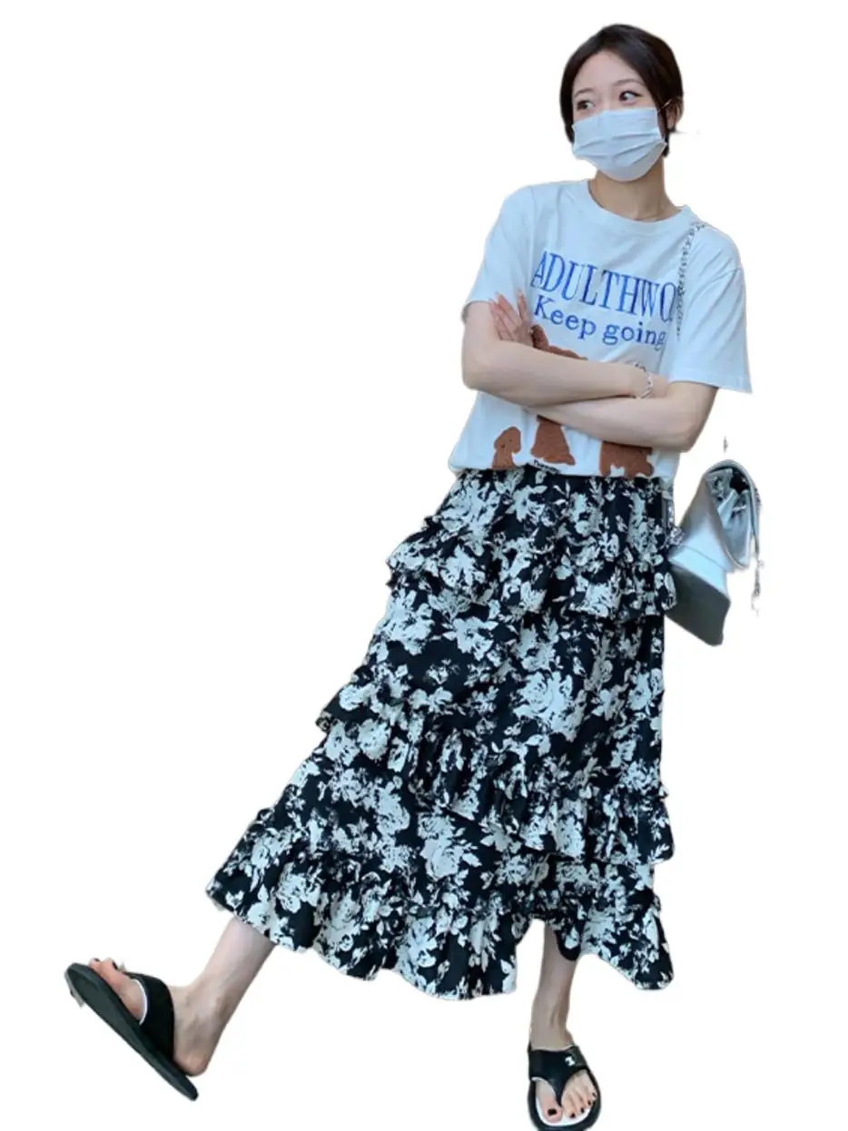 

Korean Street Wear Women's Fashion Ink Flower Print skirts,Spring Autumn Multi layered ruffled split skirt Plus size skits 6XL