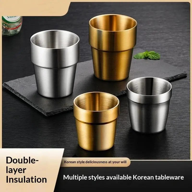 304 Stainless Steel Korean Double-layer Cup Kid's Heat-resistant Milk Cup Golden Beer Coffee Mug Drink Cocktail Cup Tableware