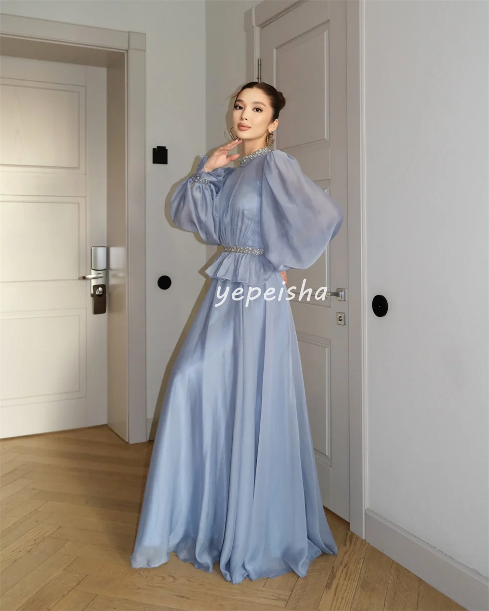 Customized Exquisite Chiffon Pleat Draped Beading Sequined A-line High Collar Long Dresses Bespoke Occasion Dresses Elegant