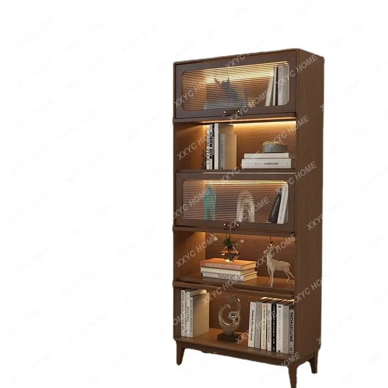 

Solid Wood Dust-Proof Bookcase with Glass Door Bookshelf Floor-Standing Household Shelf Living Room Clothes Closet