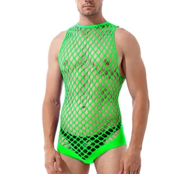 Male Sexy Lingerie Men's Fishnet Bodysuit Hollow Out Underwear Mesh Sleeveless Bandage Jumpsuit Guy Erotic Party Night Club Wear