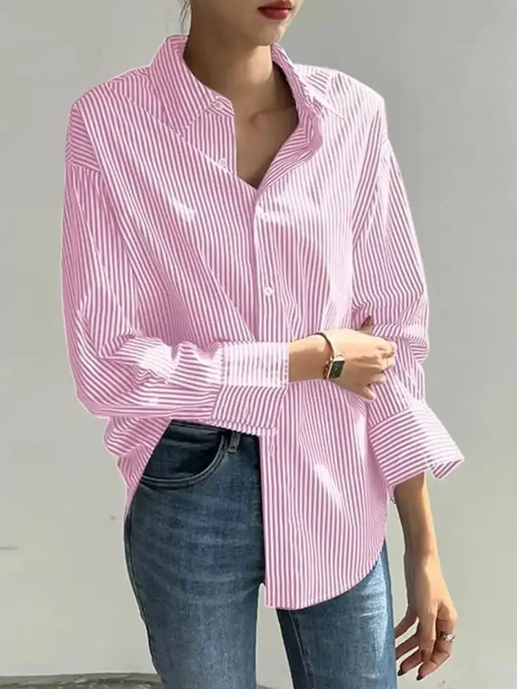 قميص نسائي صيفي غير رسمي بياقة فضفاضة مخطط قميص كوري جديد أنيق للمكتب للسيدات بأكمام طويلة قميص علوي كبير الحجم #2