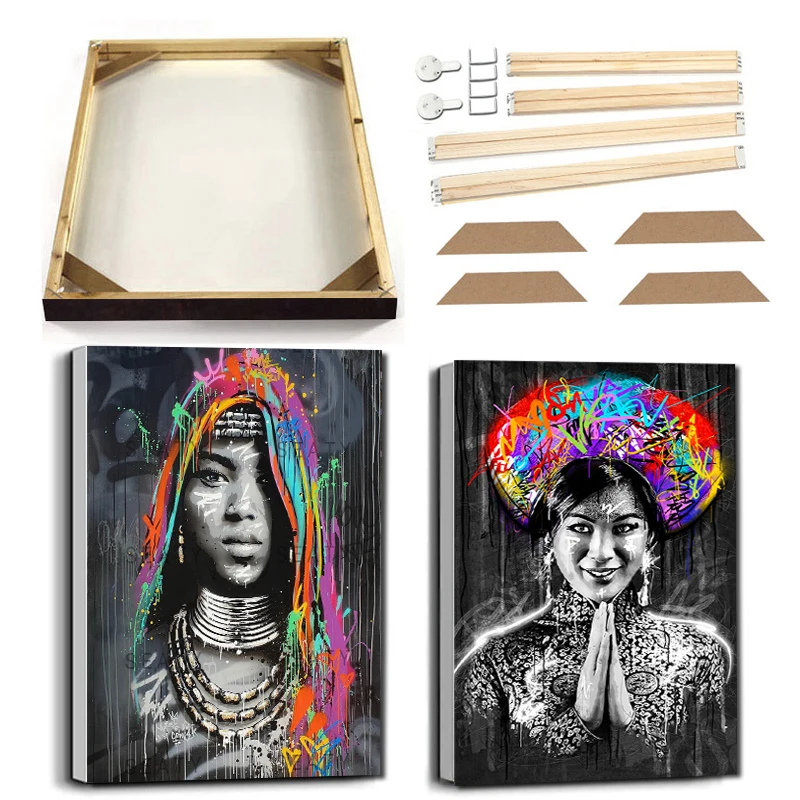 African Black Woman Canvas Painting with Frame Tribal Turban Woman Nordic Poster Watercolor Graffiti Abstract Portrait Prints