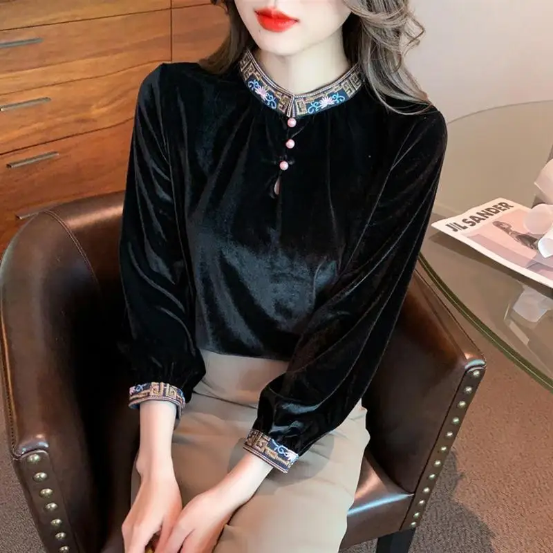 Stand Collar Base Shirt Women\'s Autumn Winter New High-end Velvet Top Anti-aging Beautiful Fashion Stylish Slim Looking Shirt