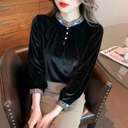 Stand Collar Base Shirt Women's Autumn Winter New High-end Velvet Top Anti-aging Beautiful Fashion Stylish Slim Looking Shirt