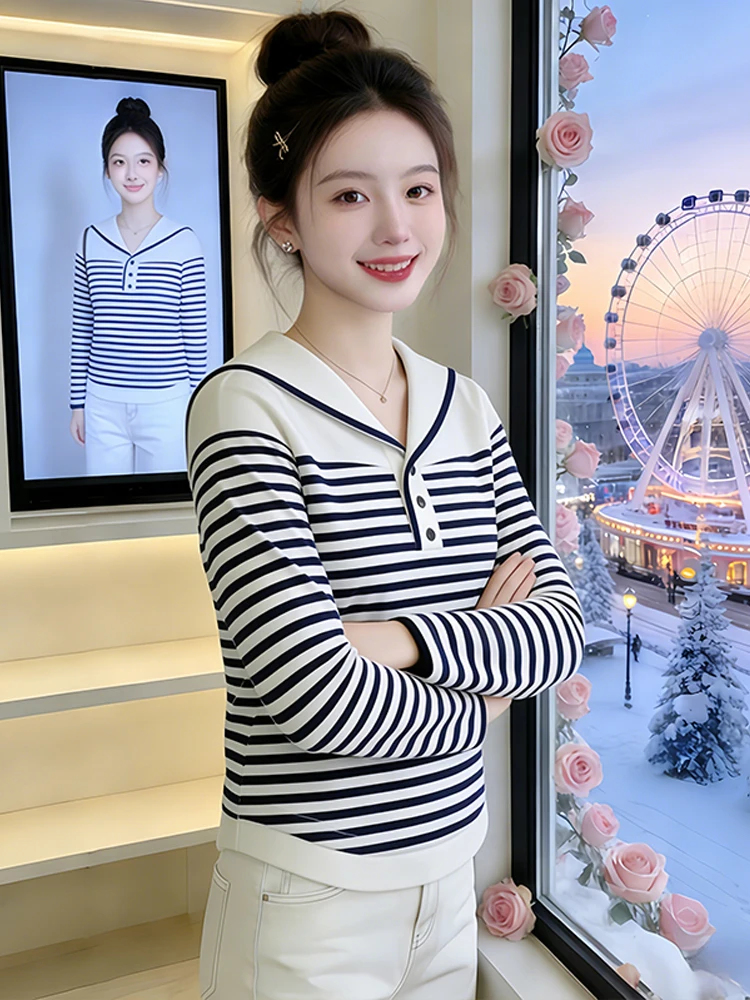 

Новая весенняя женская футболка в корейском стиле с полосатым воротником-поло, модный универсальный топ для повседневной носки