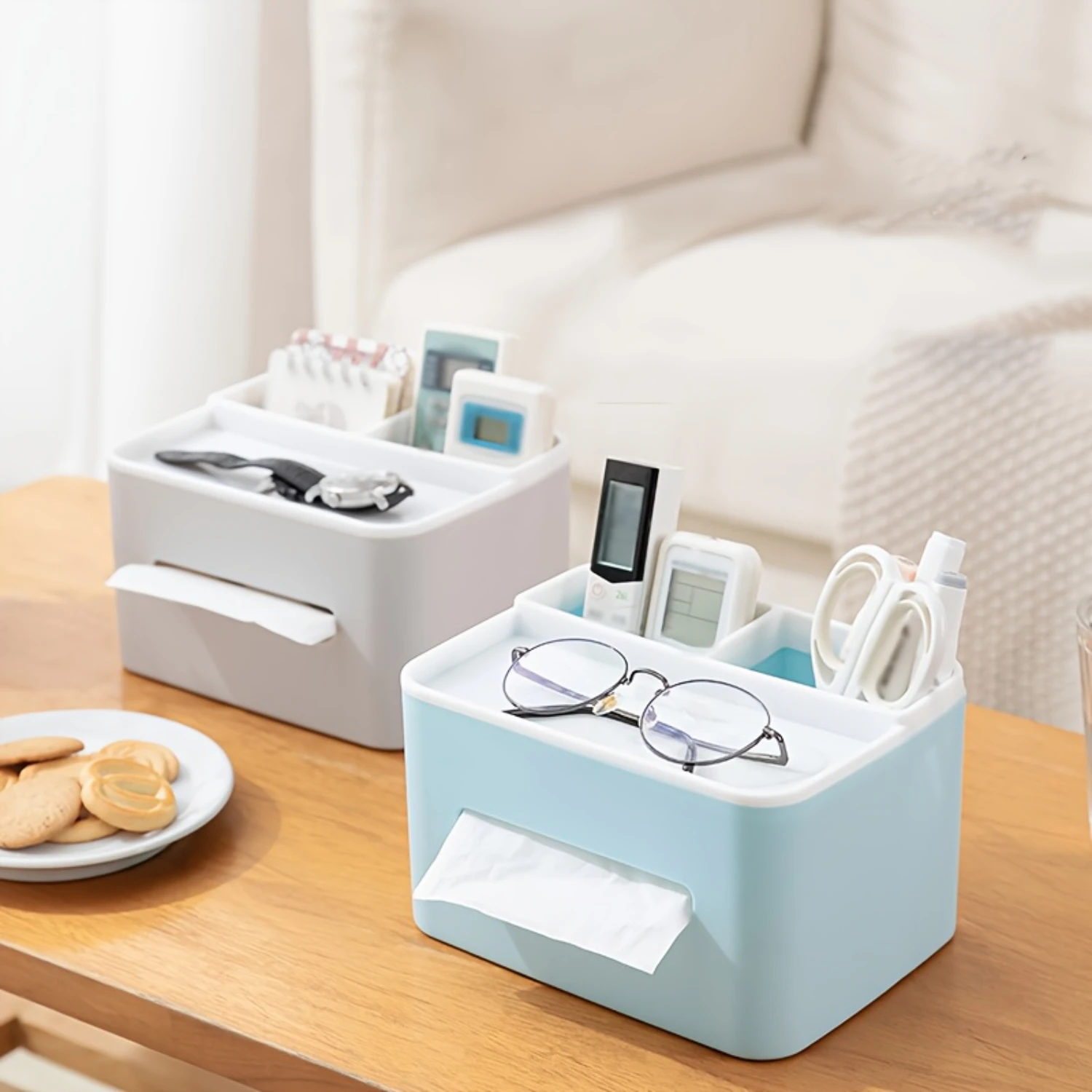 

Desktop Organizer with Tissue Holder - Plastic Box for Controls & Sundries