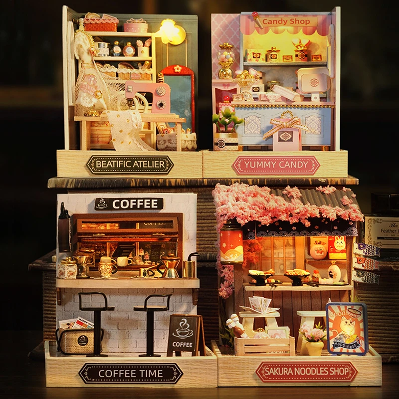 Cute Room DIY Cottage QT Serie Miniature Landscape Cherry Blossom Noodle Shop Coffee Time Delicious Candy Wooden Craft Dollhouse