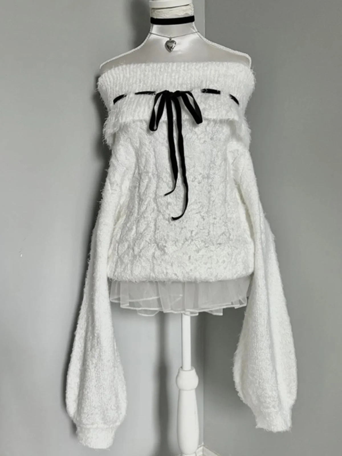 

Soft Cozy White Lantern Sve One oulder Women's Sweater Autumn Winter Sweet Sle Slim Fit Cotton Blend Long Sve Top