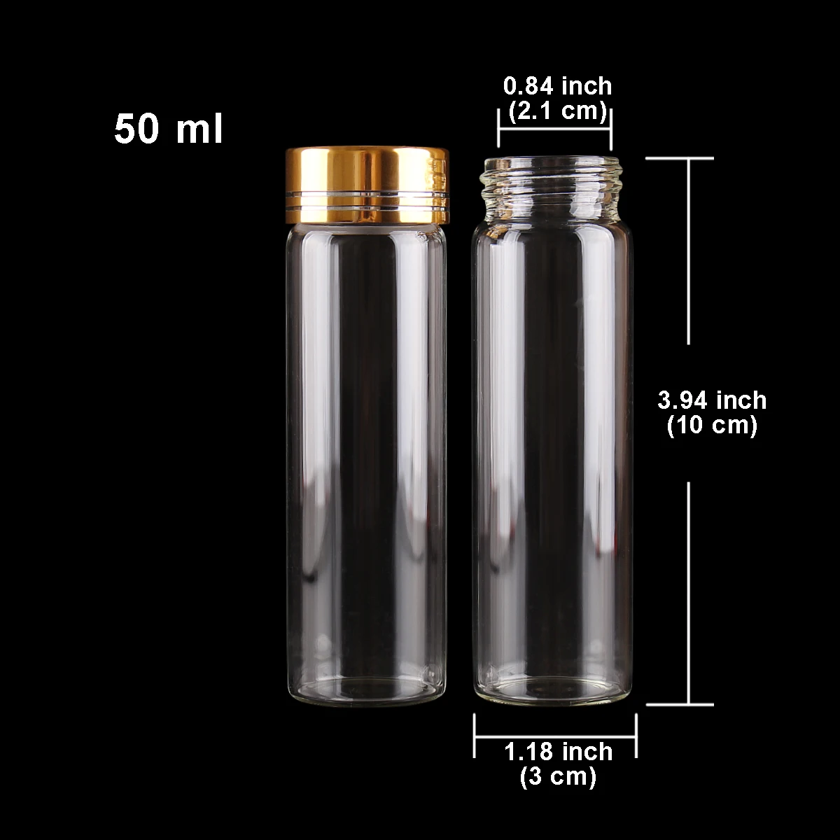 50 pieces 50ml 30*100mm Glass Bottles with Golden Caps