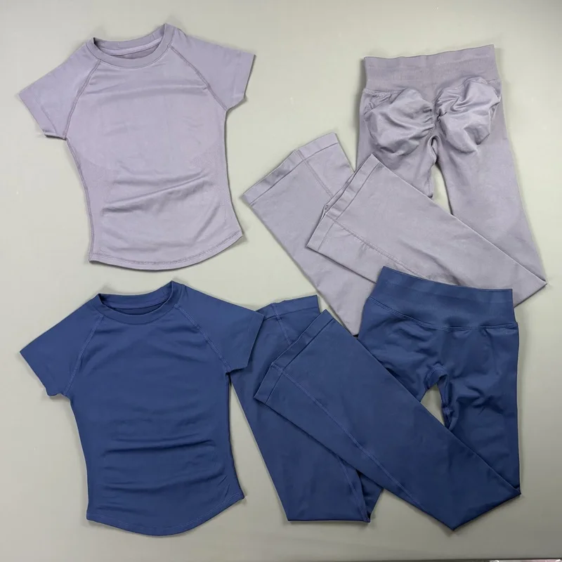 2-teiliges Gym-Flare-Leggings-Set für Damen: Sportliches Kurzarm-Oberteil, Nahtloses Yoga-T-Shirt, Fitness-Schlaghose, Yoga-Trainingsanzug – Detail 11