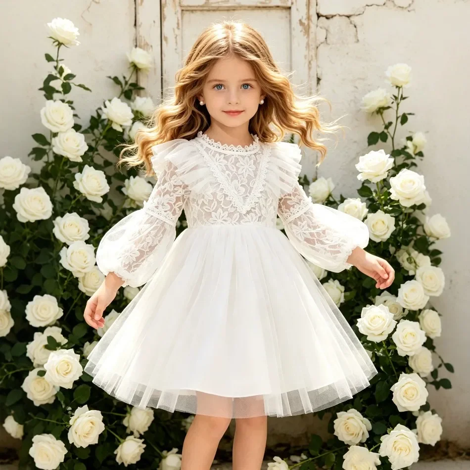 Cute Girls White Lace Princess Dress Long Puff Sleeve Ruffle Tulle Tutu Gown Kids Flower Girl Wedding Party Evening Dress ZD36