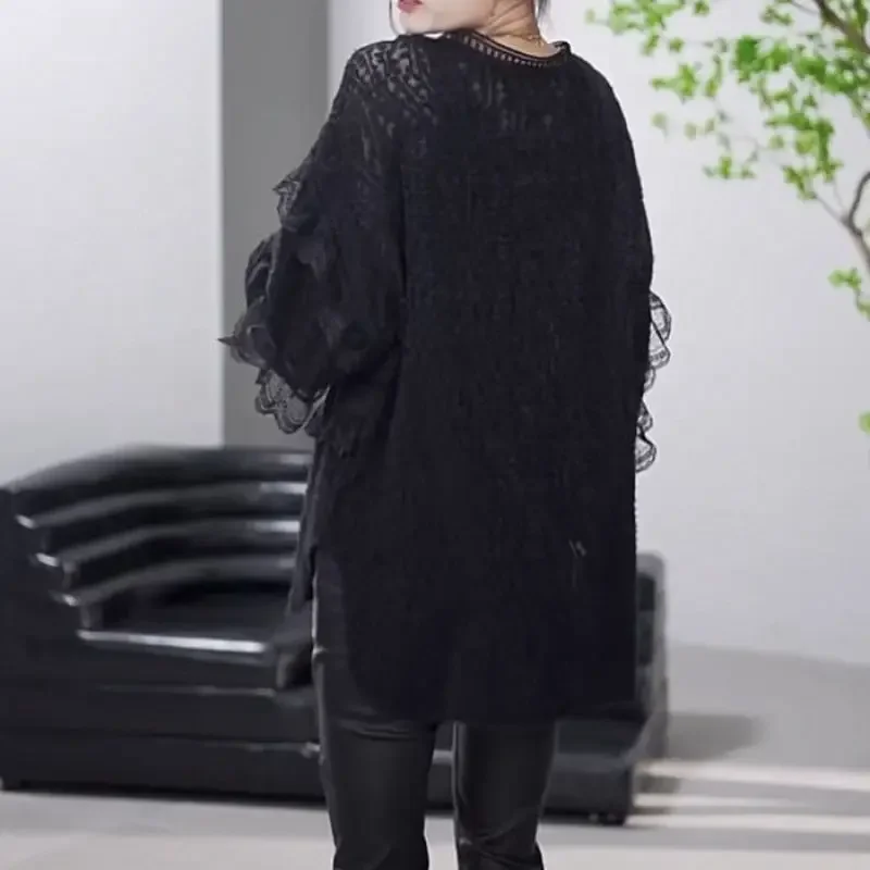 2024 New Spring and Autumn Commuter Fashionable Lace Hollow V-neck Loose Versatile Oversize Women's Long Solid Color Shirt B206