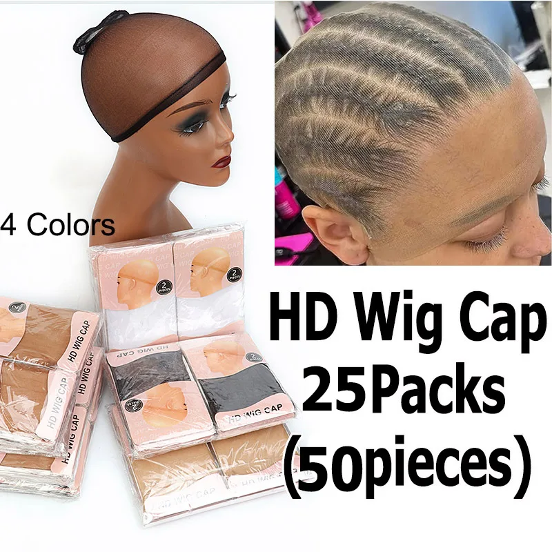 50Pcs HD Wig Caps Black White Brown Beige Transparent HD Hair Nets Weave Cap Nylon Stretchy Stocking Wig Cap For Women 25Packs