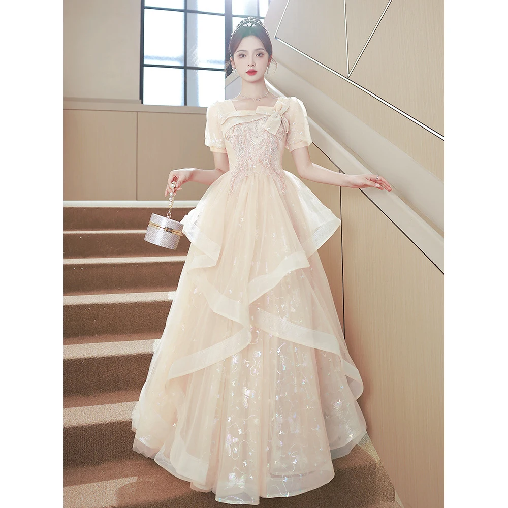 Champagne Color Evening Dress For Women 2024 New Host Fairy Light Luxury Niche Graduation Dress Female Wedding Banquet Gown