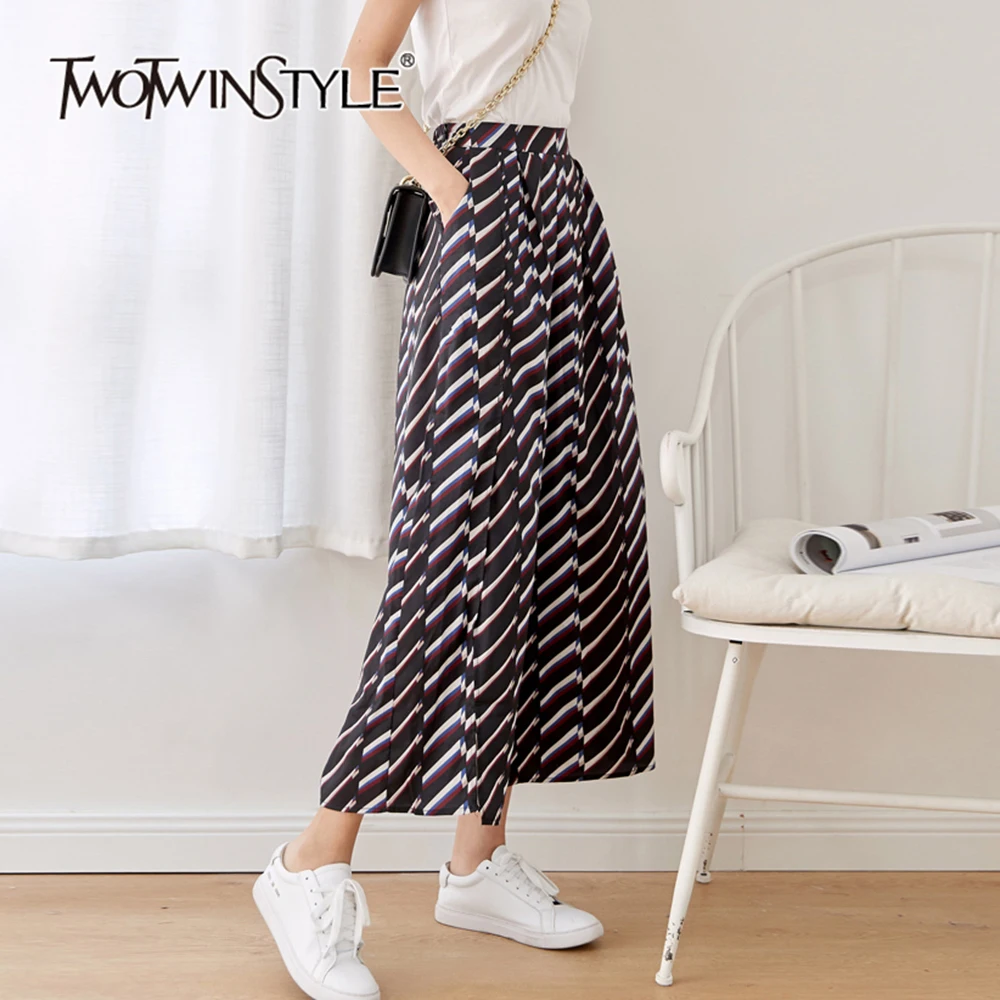 

TWOTWINSTYLE Casual Colorblock Striped Full Length Pant For Women High Waist Side Split Minimalist Wide Leg Pants Female Style