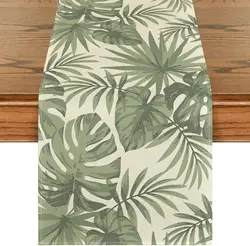 Summer Green Leaves Linen Table Runner Dresser Scarves Table Decor Reusable Kitchen Dining Table Runners Wedding Party Decor