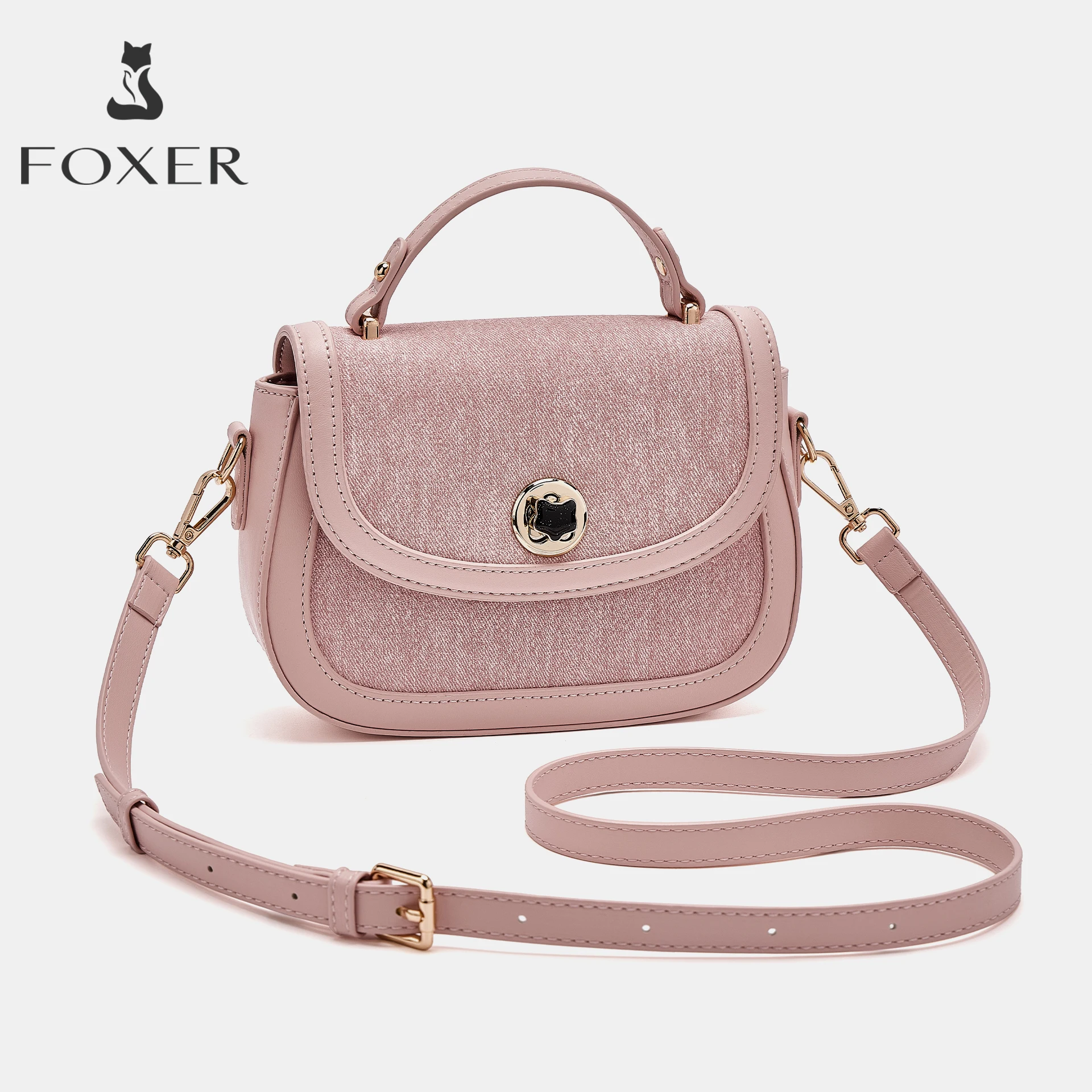 FOXER Women Synthetic Leather Pink Shoulder Bag Female Simple Small Top Handle Bag Flap Turn Lock Adjustable Strap Crossbody Bag