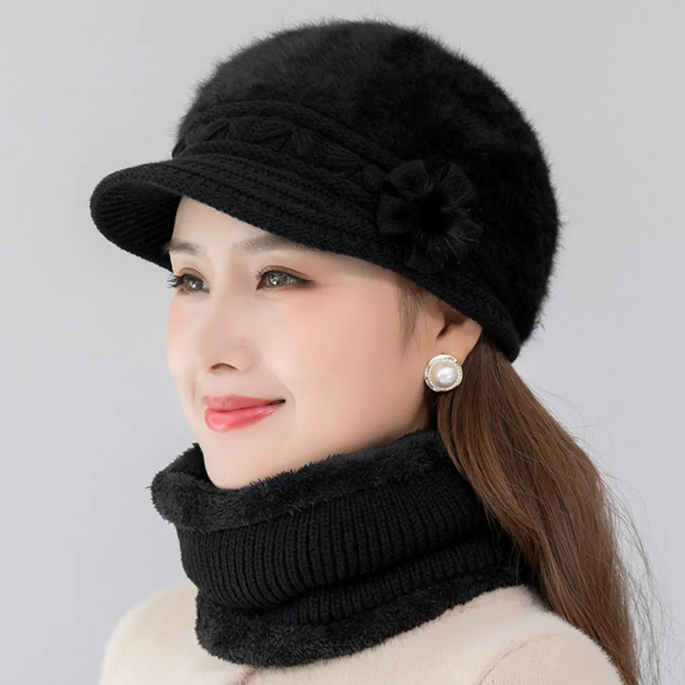 2024 Women Winter Hat Keep Warm Cap Add Fur Lined Hat And Scarf Set Warm Hats For Camping Casual Rabbit Fur Winter Knitted Hat