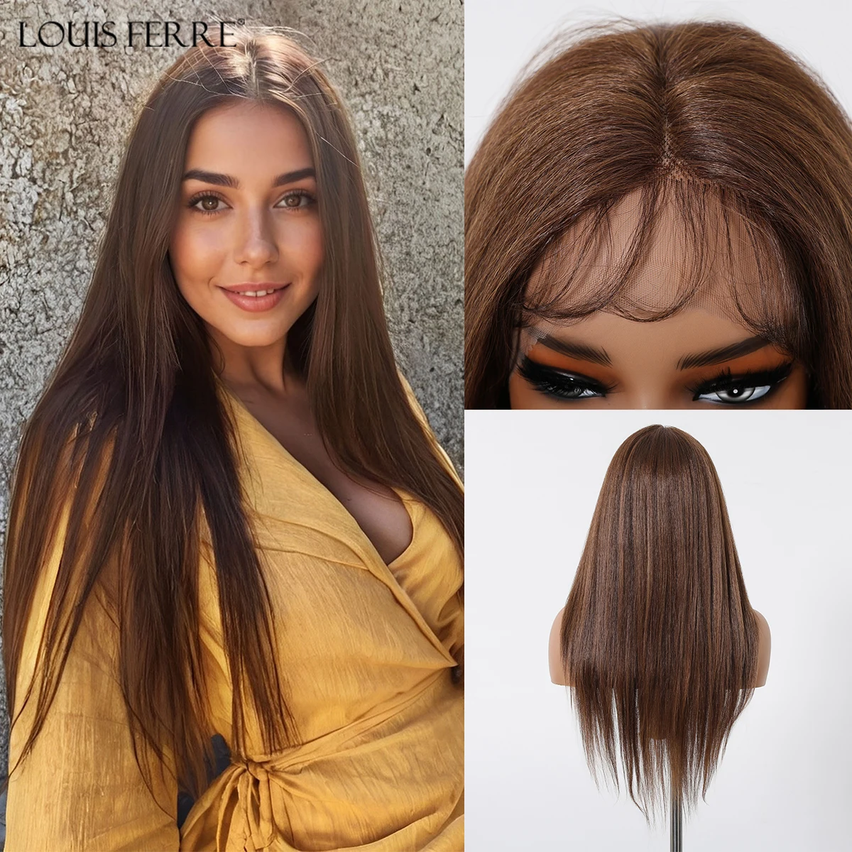 Wig sintetis lurus renda depan coklat untuk wanita wig bagian tengah coklat panjang dengan rambut bayi rambut alami pesta rambut palsu