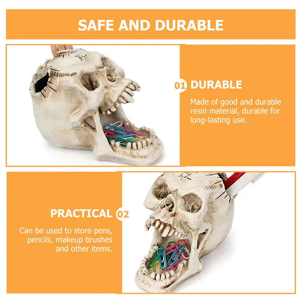 Skull Brush Pot and Pen Container Resin Material Desktop Decoration Pen Holder for Office School Library Study Room Halloween