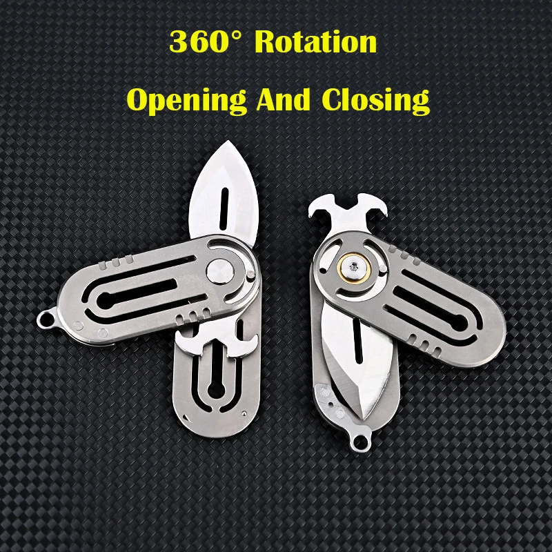 360° Rotating MINI Knife Titanium Alloy Handle D2 Blade Multifunctional Bottle Opener Screwdriver Outdoor EDC Self-defens Tool