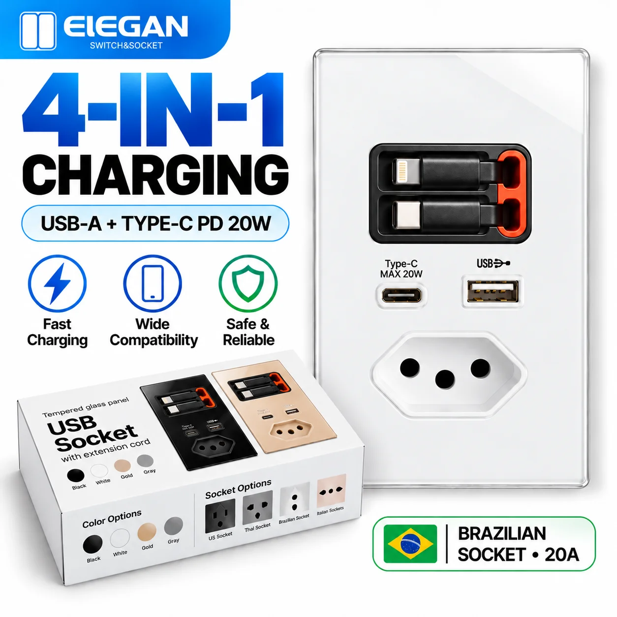 ELEGAN Brazil Type N 20A Wall Socket with 20W Fast charging PD USB-C USB-A Dual Retractable Cables Tempered Glass Panel