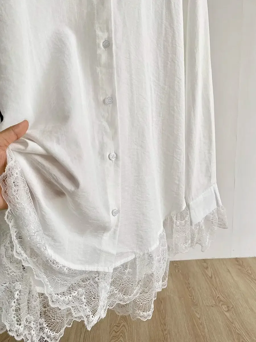 Camicia francese elegante in pizzo gotico da donna Camicetta nera a maniche lunghe primavera autunno con cintura Top chic coreani vintage slim fit Novità