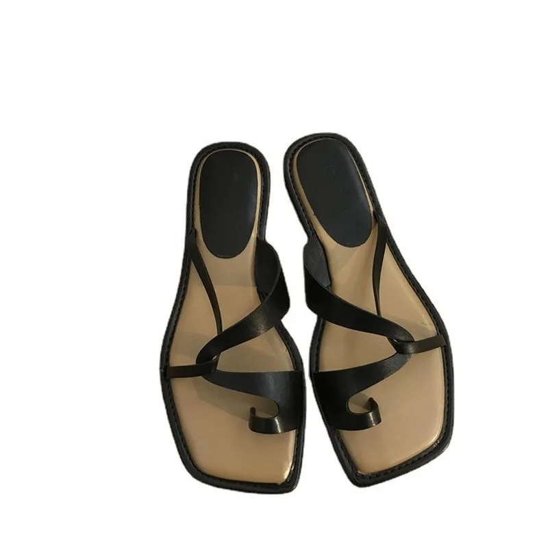 Flip Flops Summer 2024 Female Sandals Woman Flat Soft Leather Slides Ladies Slippers Outside Shose Fashion Peep Toe Beach Slides