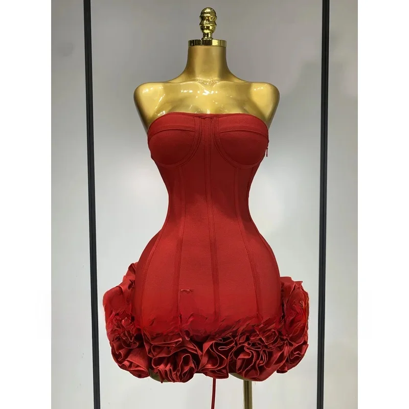 

Women Sexy Strapless Backless Flower Embellished Mini Bandage Dress Bodycon Celebrity Party Cocktail Evening Party Club Dresses