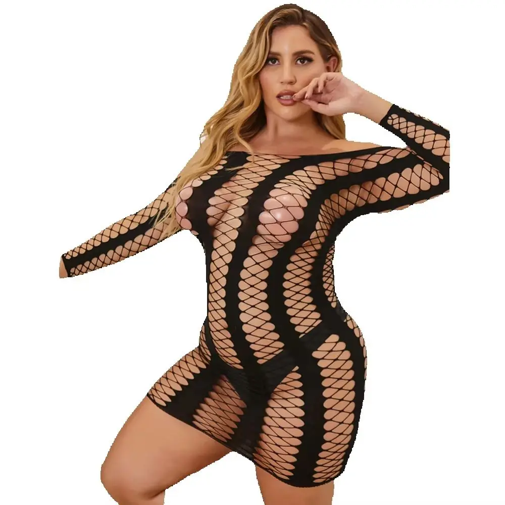 

Sexy Night Fishnet Mini Dreses Robe Femme V Neck See Through Micro Dress Bandage Dress Women Lace Patchwork Party Club Dress