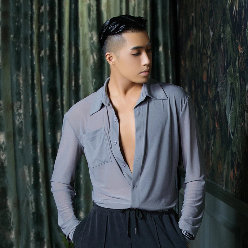 

Сексуальные костюмы для латинских танцев для мужчин, рубашки с длинными рукавами, чача, самба, танго, одежда для латинских танцев, мужская одежда для латинских танцев DQS8609