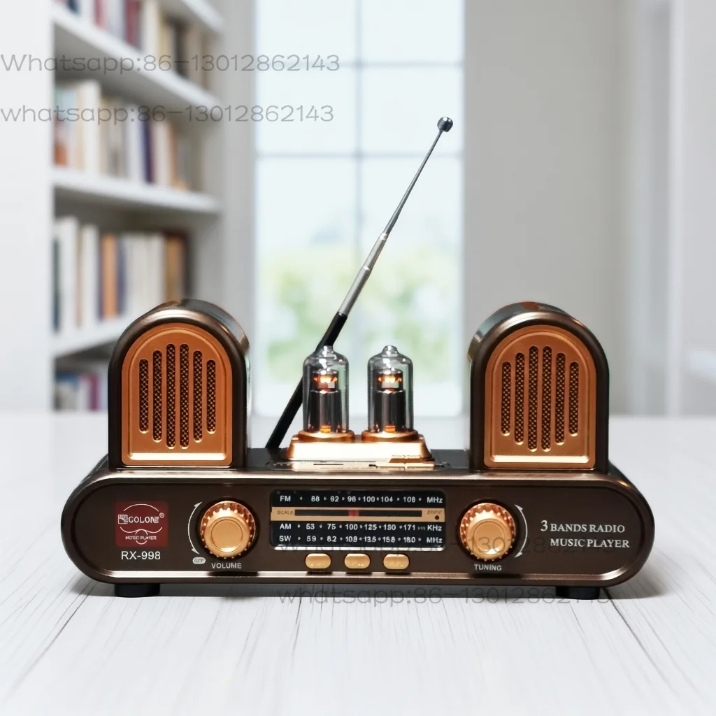 Rádio estéreo de dois canais FM, onda média, onda curta, alto-falante Bluetooth, estéreo com entrada para cartão.